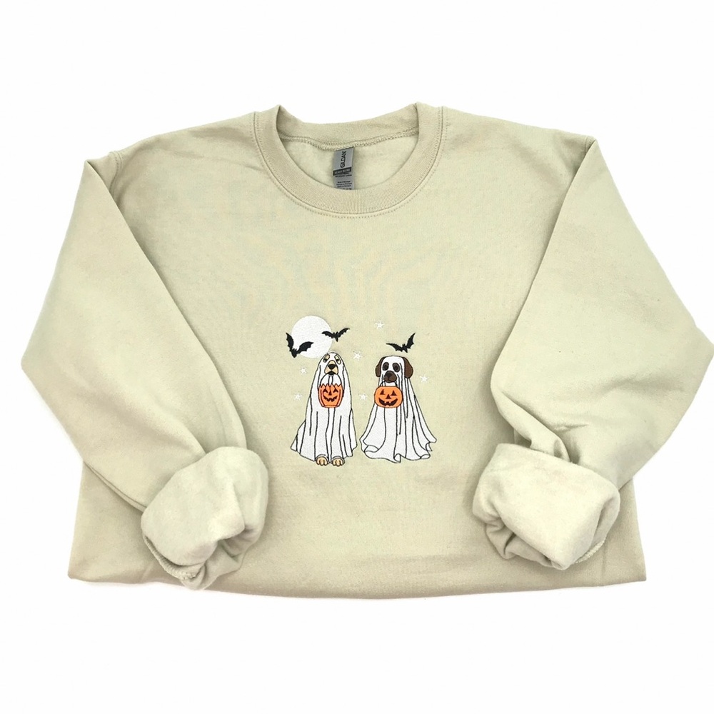 Gildan Beige Halloween Ghost Dogs Glow in the Dark embroidered Sweatshirt Small